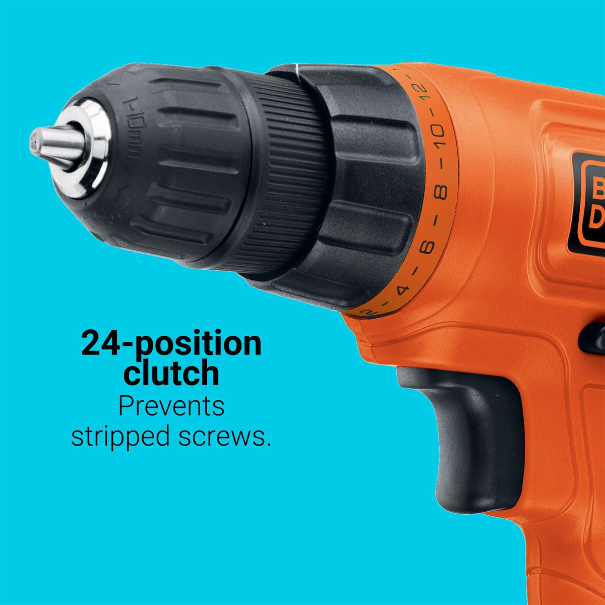 Soft-grip handle on BLACK+DECKER drill for extended comfort during use.