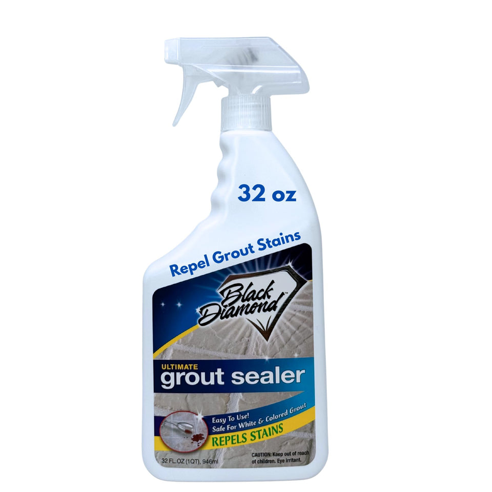 Black Diamond Stoneworks Ultimate Grout Sealer bottle shows colorless grout protection.