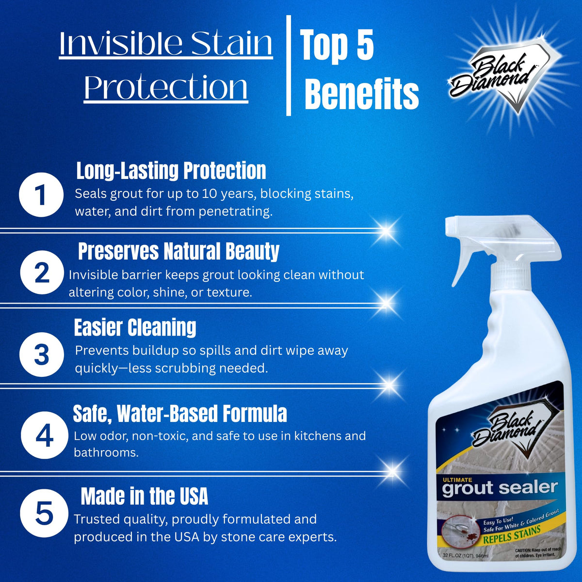 Black Diamond Stoneworks Ultimate Grout Sealer spray application demonstrates easy spray-on use.