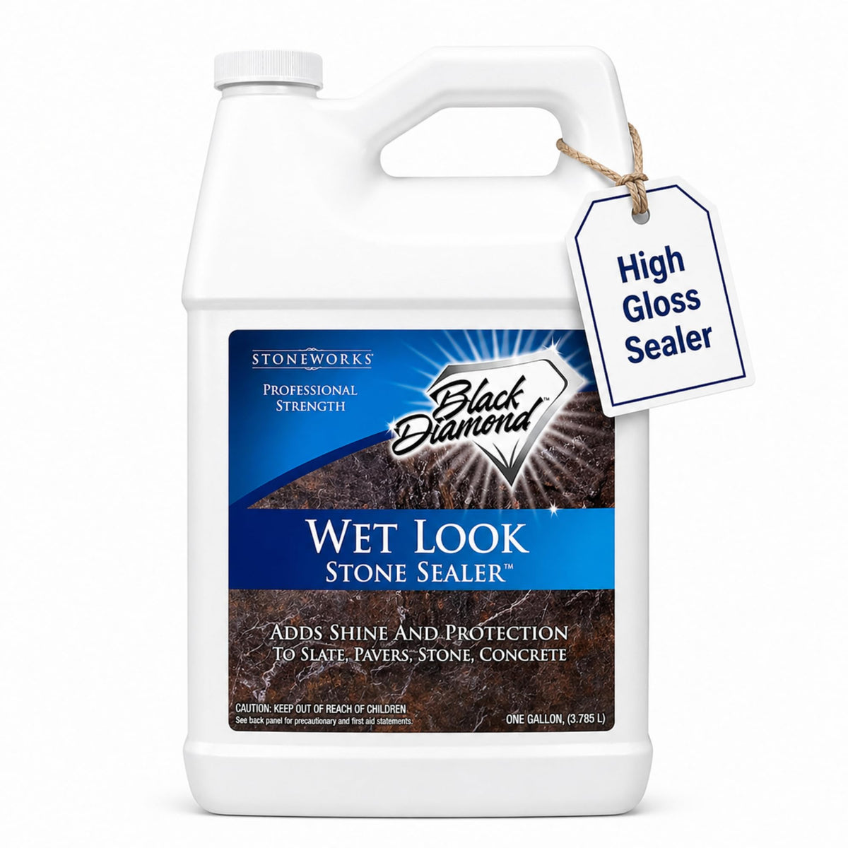 Black Diamond Stoneworks Wet Look Sealer bottle demonstrating glossy finish on stone surfaces