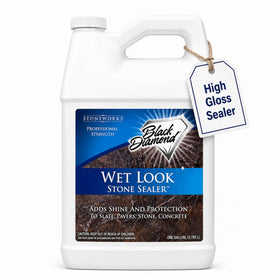 Black Diamond Stoneworks Wet Look Sealer bottle demonstrating glossy finish on stone surfaces