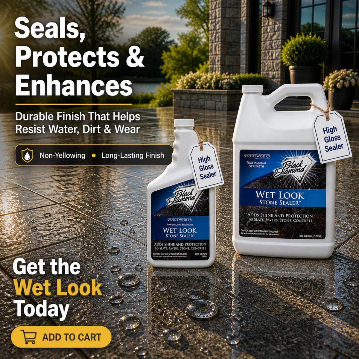 Black Diamond Stoneworks Wet Look Sealer closeup color enhancement on stone