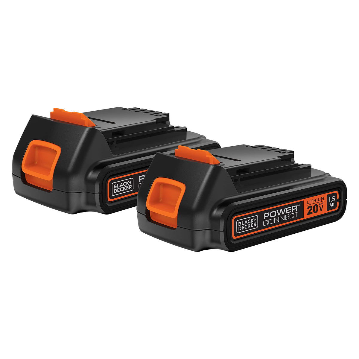 Black+Decker LBXR20 two-pack battery, front view, ideal for quick cordless power across tools.