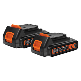 Black+Decker LBXR20 two-pack battery, front view, ideal for quick cordless power across tools.