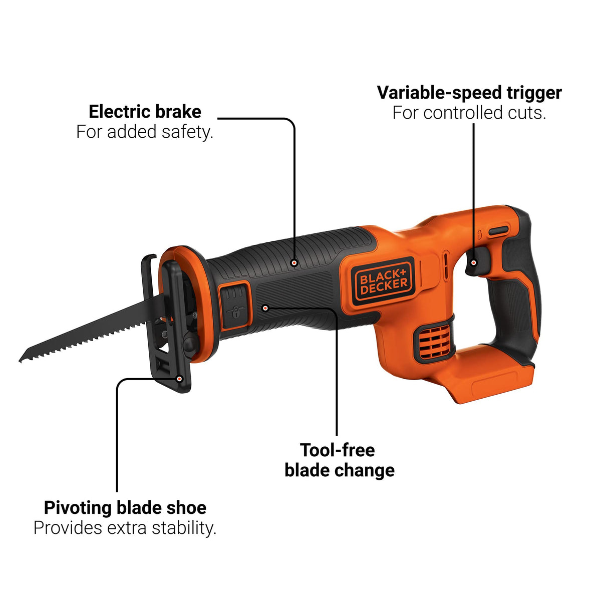 BLACK+DECKER BDCR20B pivoting blade shoe enables precise control during turns for accurate cuts.