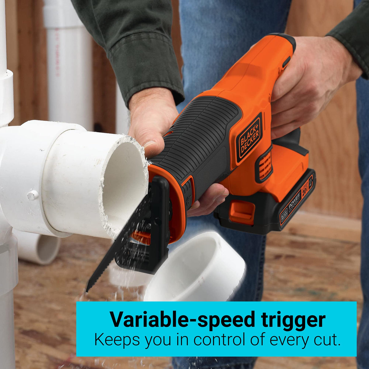 BDCR20B variable-speed trigger adapts to material density for cleaner cuts.