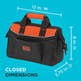 Six exterior pockets store pliers, tapes, and small accessories