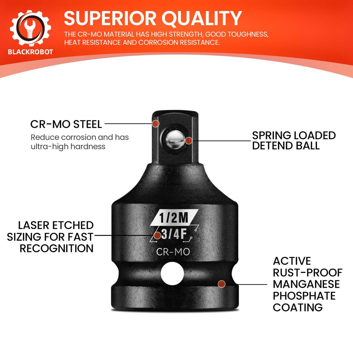 BLACKROBOT black manganese phosphate coating resists corrosion and reduces friction.