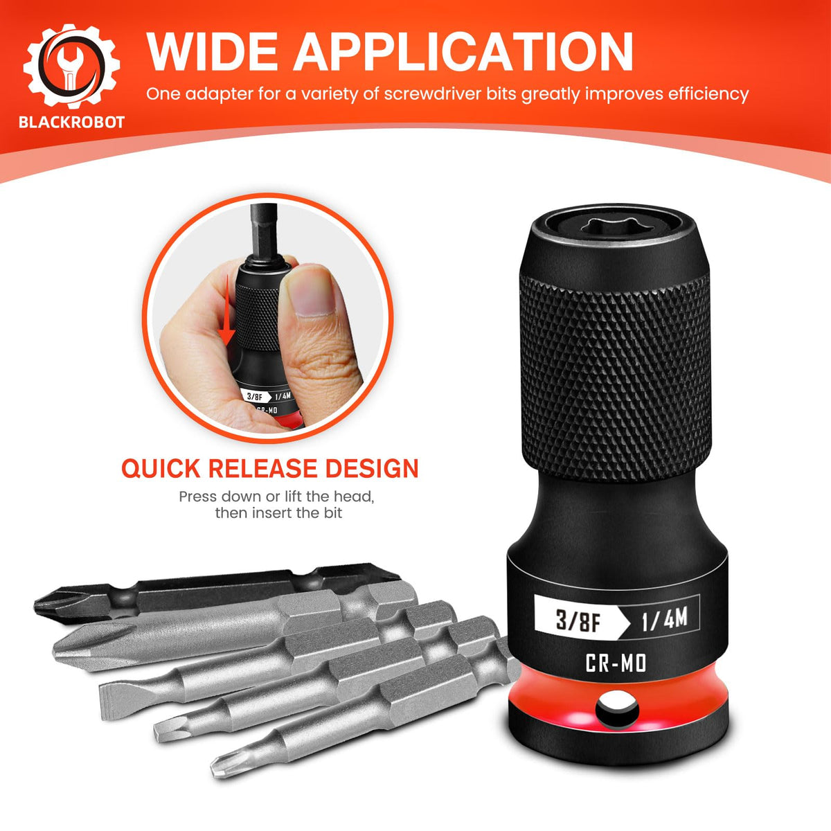 BLACKROBOT quick-release adapter 1/4 hex to 1/2 square drive for heavy-duty tasks