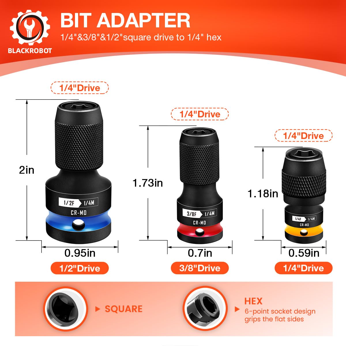 BLACKROBOT quick-release adapter 1/4 hex to 3/8 square drive with secure locking