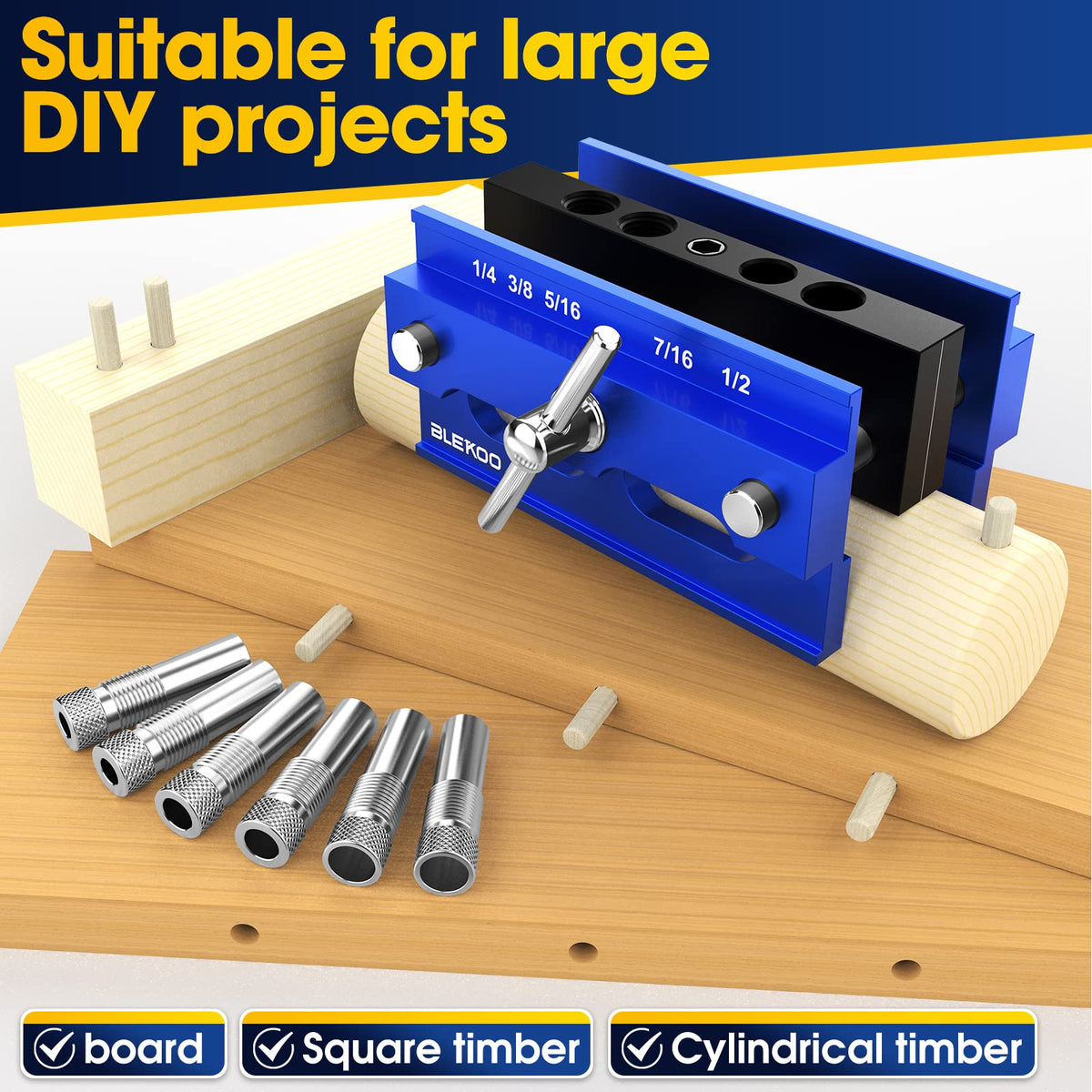 Blekoo doweling jig with drill guide ready for standard drill sizes.