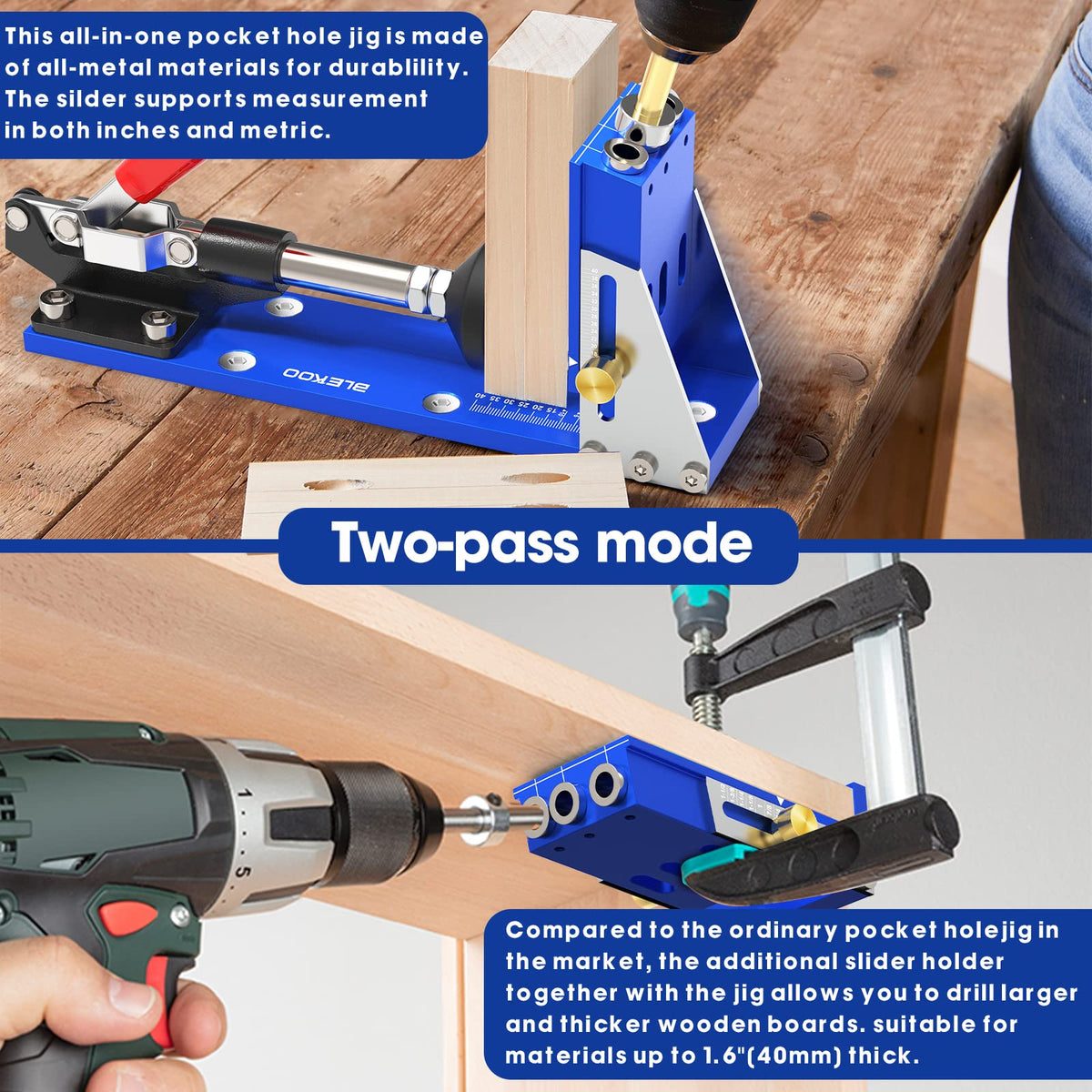 BLEKOO in-use with wood panel demonstrates 15° angled pocket holes.