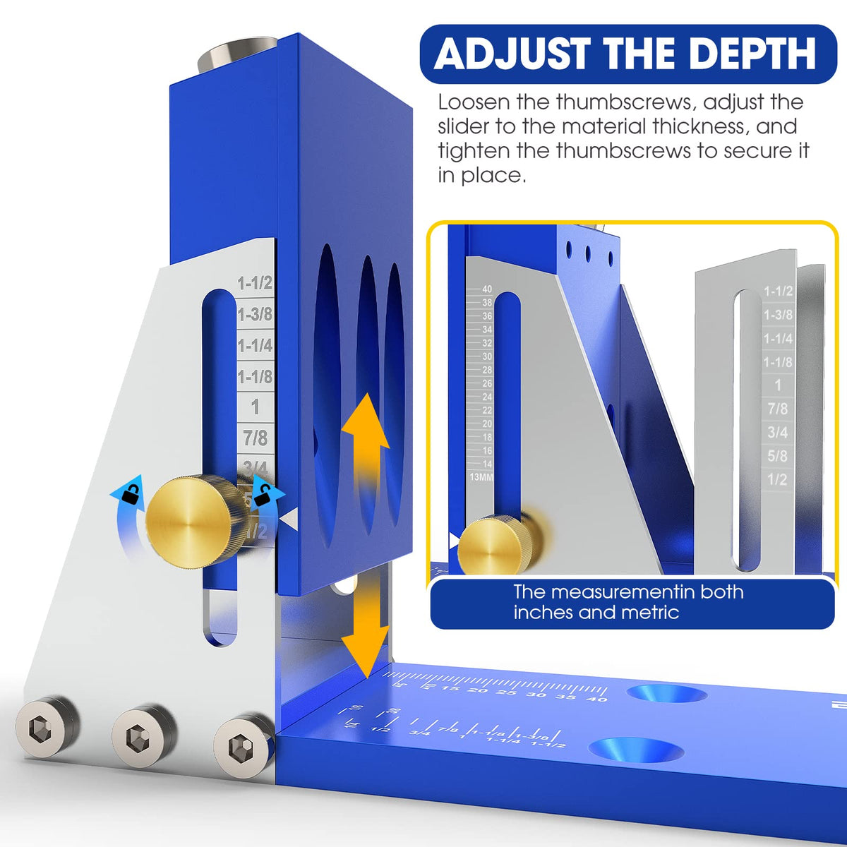 BLEKOO pocket hole jig tool kit side view highlights robust all-metal construction for durability.