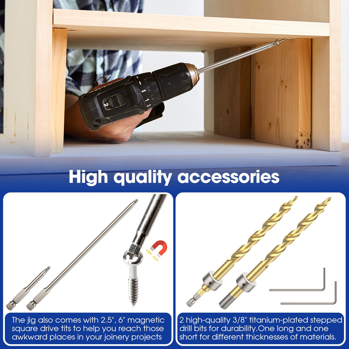 BLEKOO jig kit with titanium-plated drill bits for cleaner pocket holes.