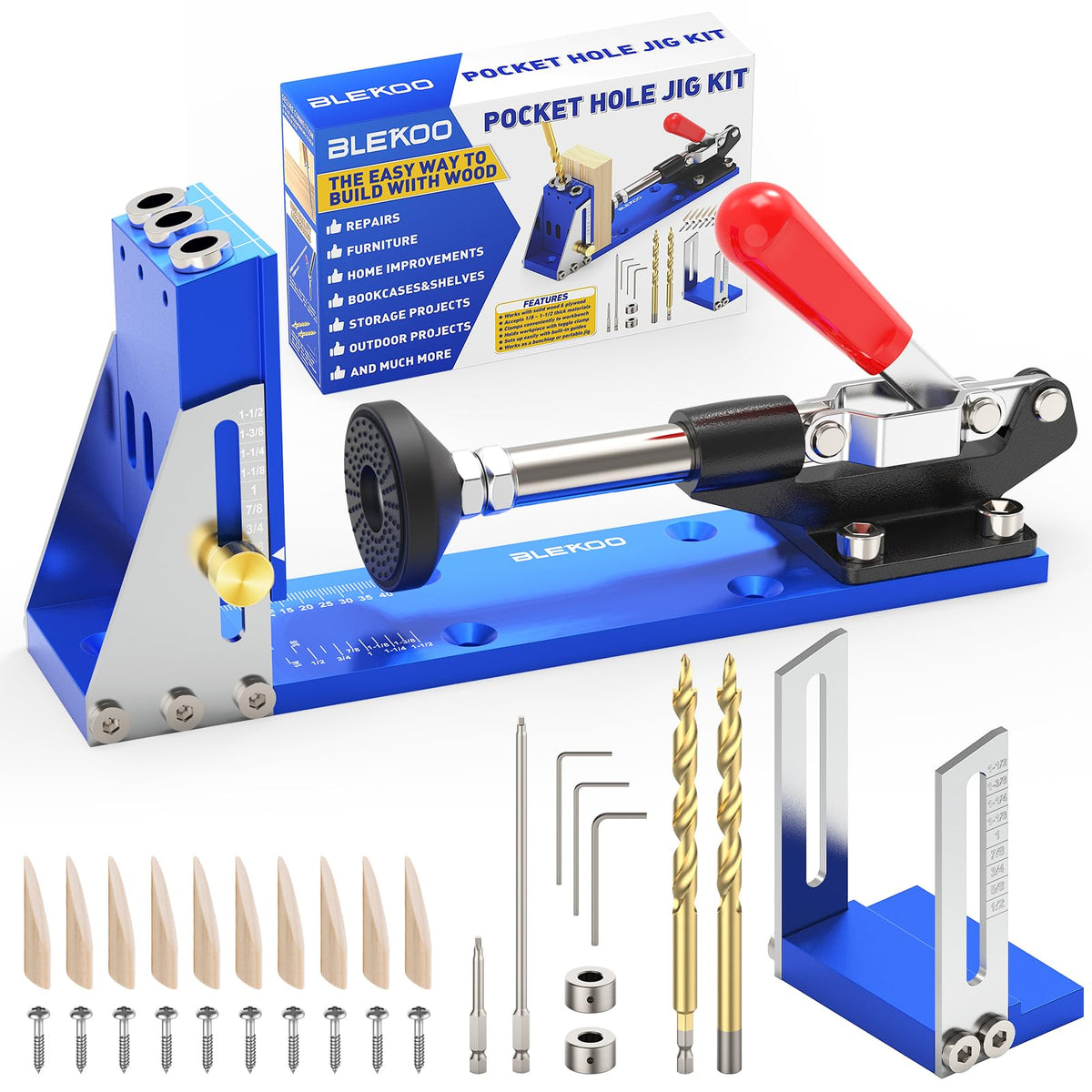BLEKOO pocket hole jig tool kit top view shows precision aluminum body for accurate holes.
