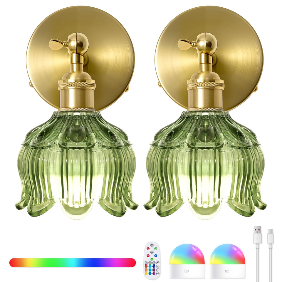 BlesULuk vintage wall sconce with green glass flower, remote control for flexible lighting