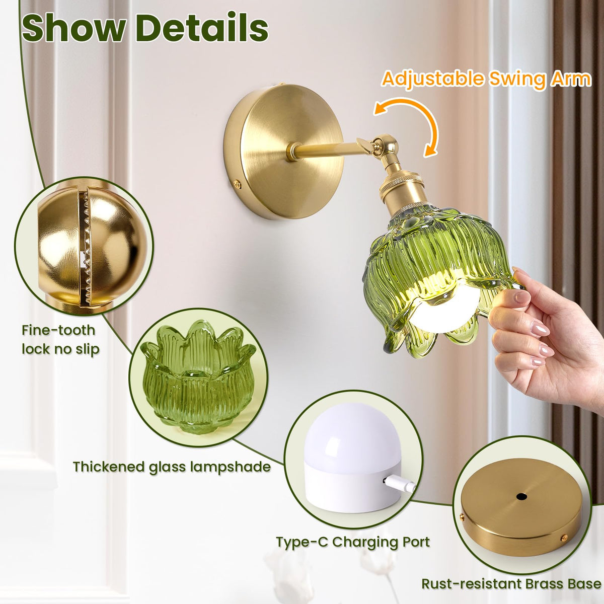 BlesULuk remote-controlled sconce with green glass flowers enables convenient brightness control