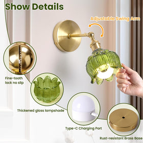 BlesULuk remote-controlled sconce with green glass flowers enables convenient brightness control