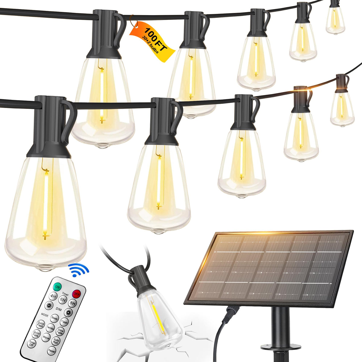 BLIATLUS 100ft solar string lights panel view for extended outdoor illumination.