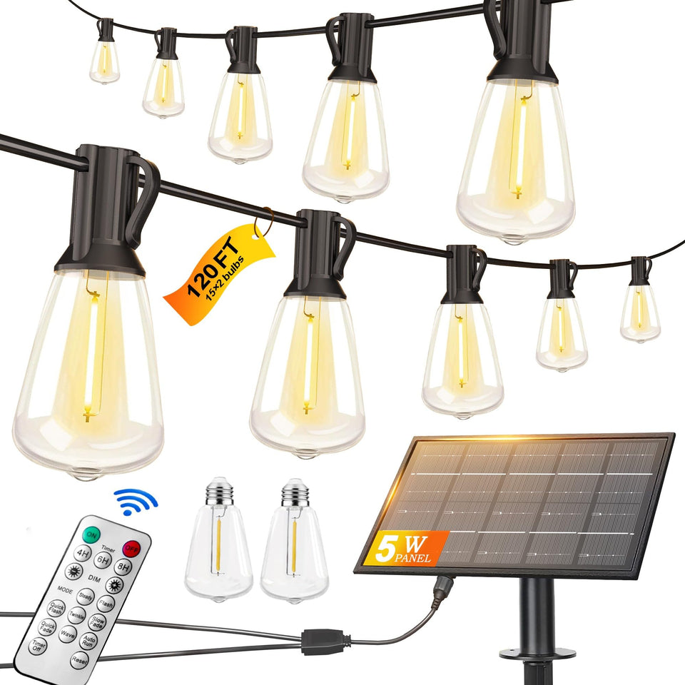 BLIATLUS 120ft solar string light panel showing daylight charging for outdoor spaces.