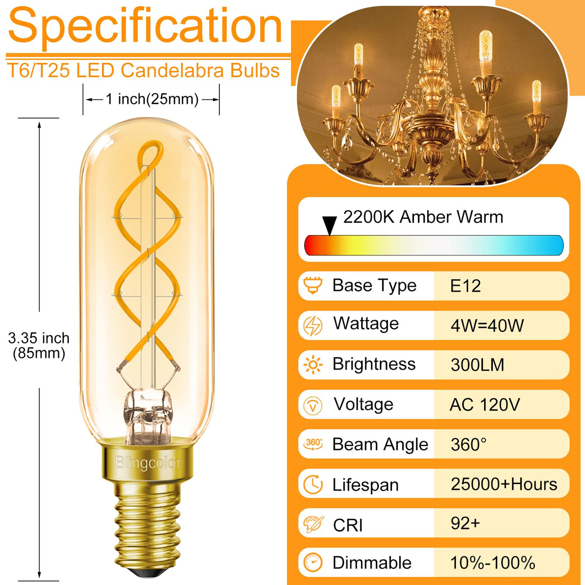 BLINGCOLOR amber warm 2200K filament detail highlights cozy ambiance.
