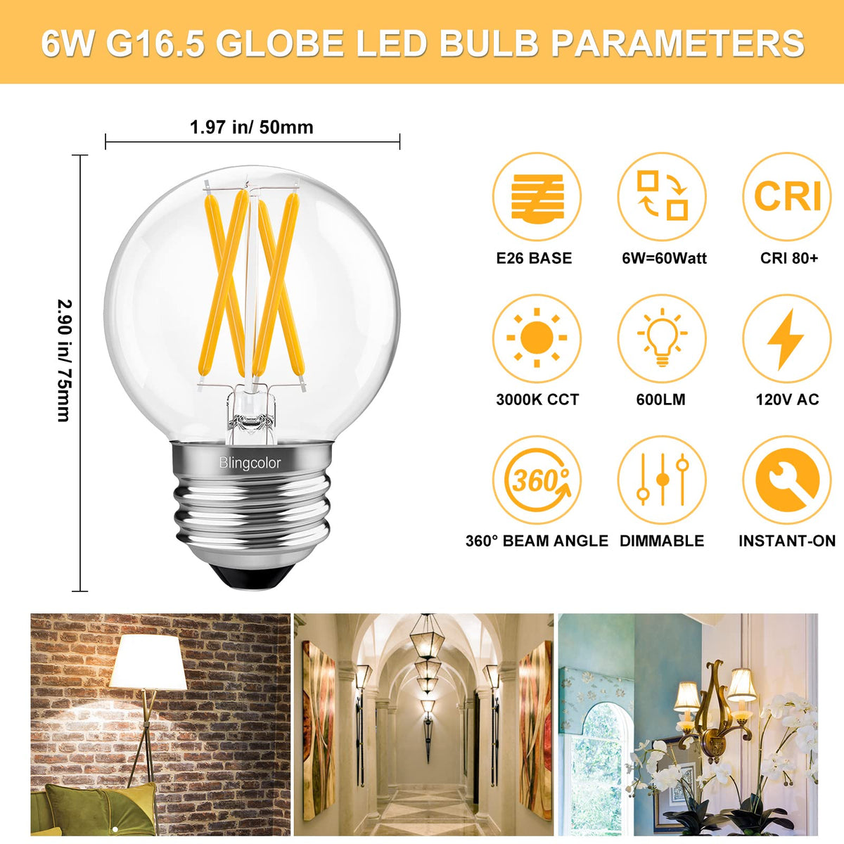 BLINGCOLOR E26 globe LED bulb with 3000K soft white glow