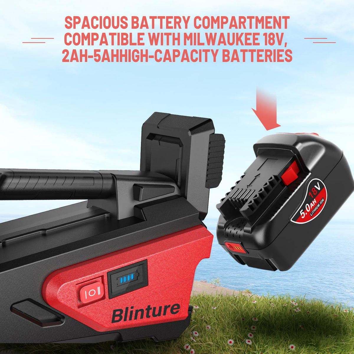 Blinture battery compartment showing space for high-capacity Milwaukee cells and longer usage.