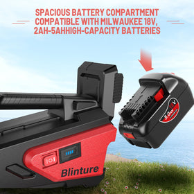 Blinture battery compartment showing space for high-capacity Milwaukee cells and longer usage.