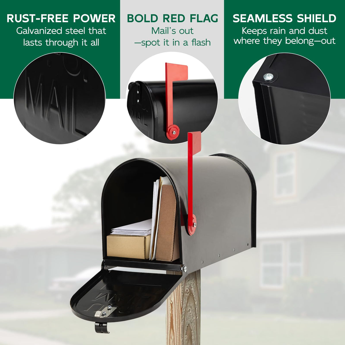 BlissBoard mailbox with wide opening for easy loading and retrieval of mail and packages.