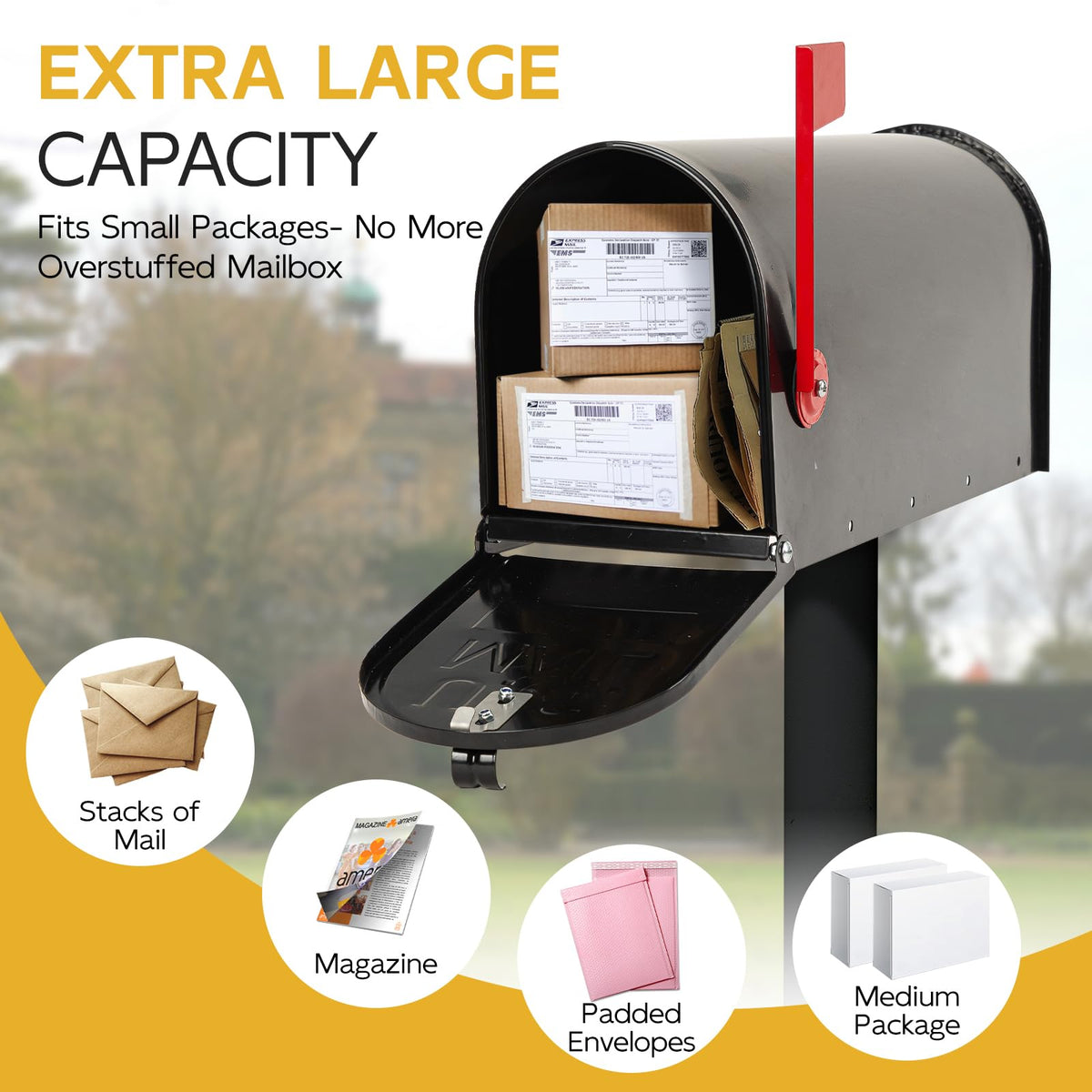 BlissBoard weatherproof steel mailbox resists rain and snow.
