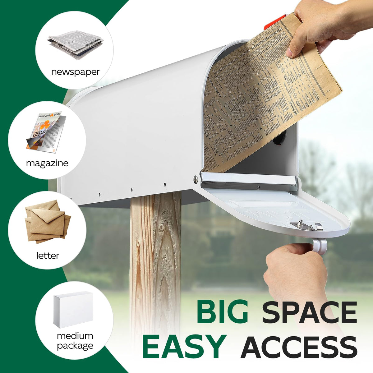 BlissBoard white mailbox front-angle highlights rust-resistant coating for year-round use
