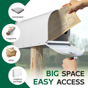 BlissBoard white mailbox front-angle highlights rust-resistant coating for year-round use