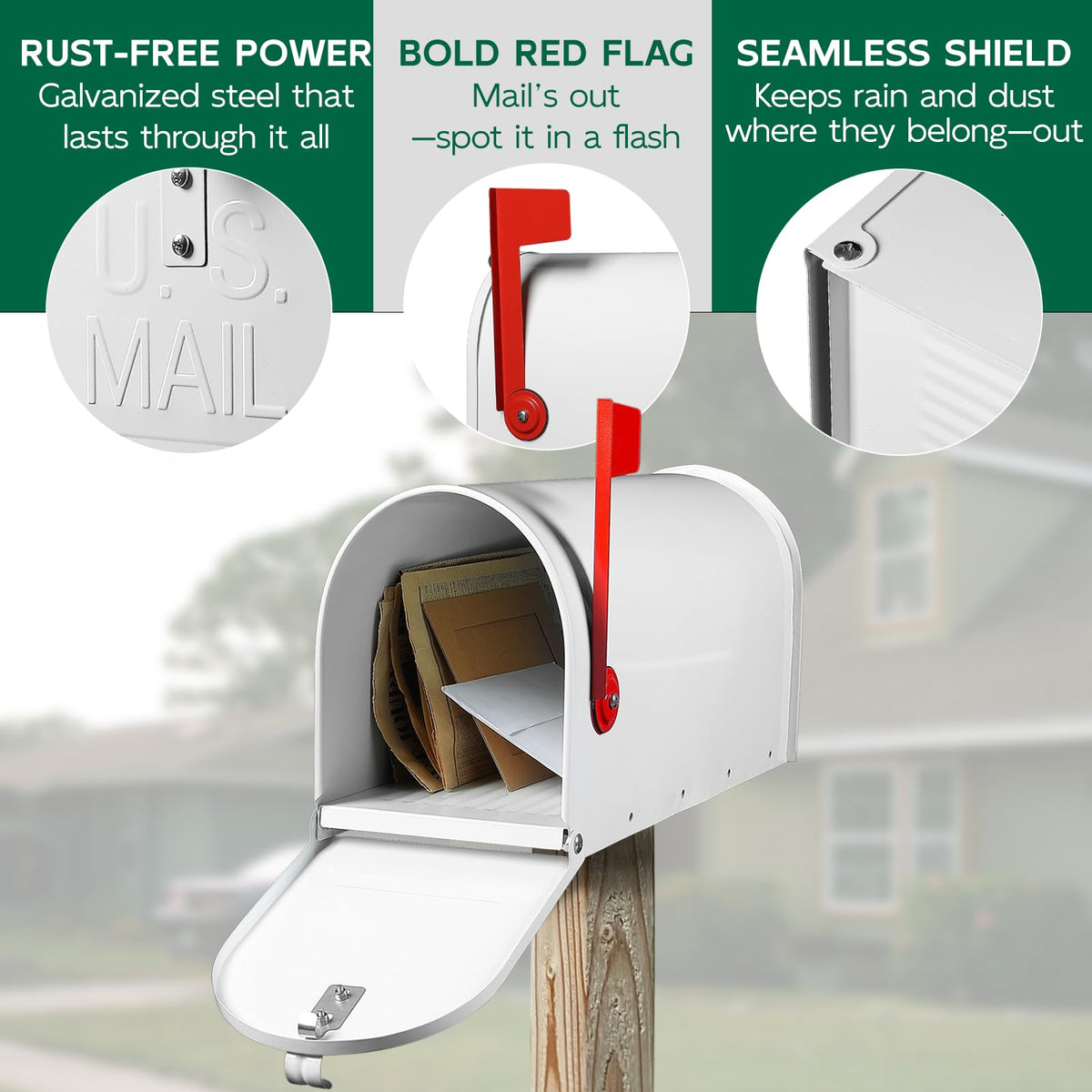 BlissBoard white mailbox spacious interior with 20-inch depth for daily mail