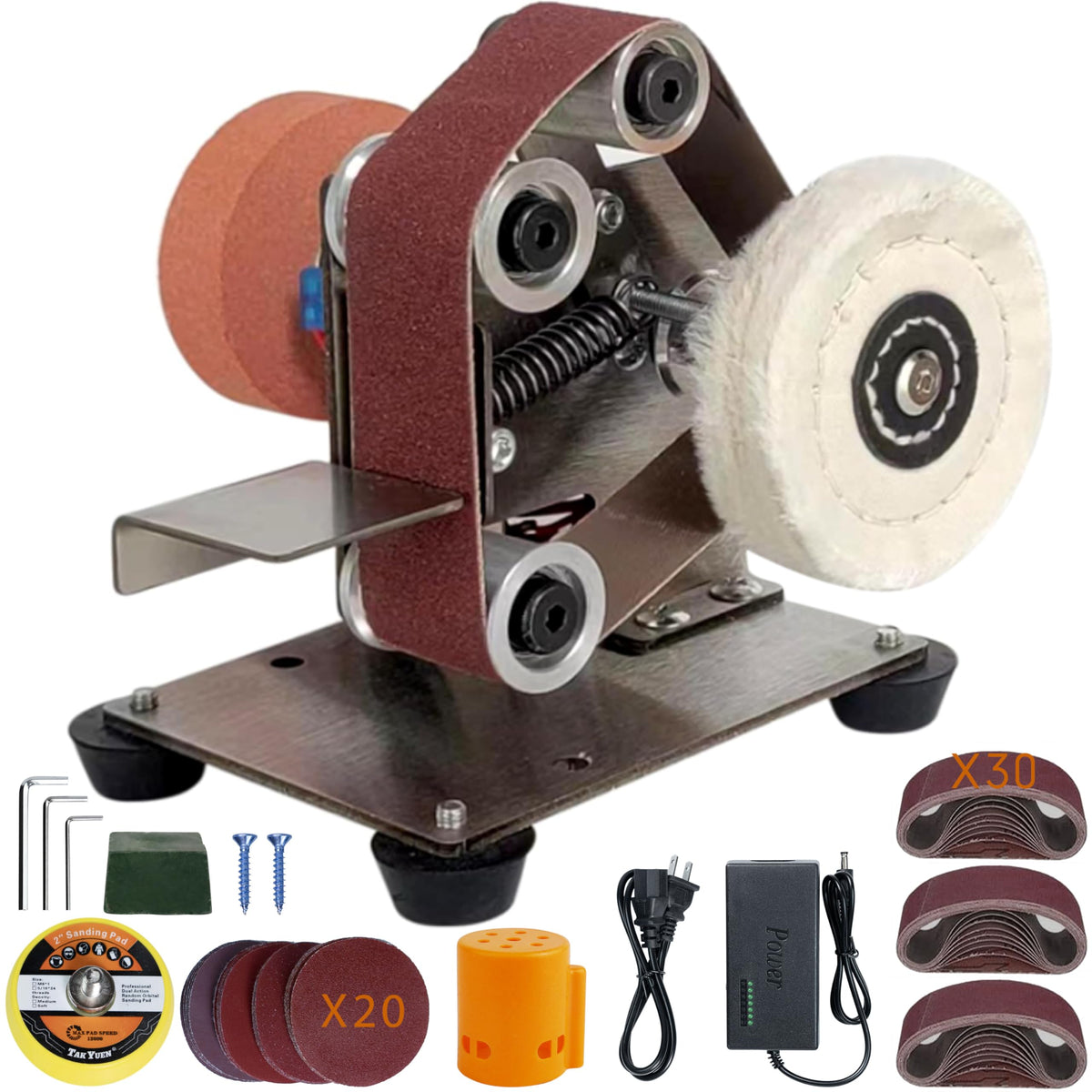 Blissthrill mini belt sander front view, compact design for precise sharpening.