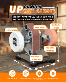 Blissthrill mini belt sander side view, slim profile for tight spaces.