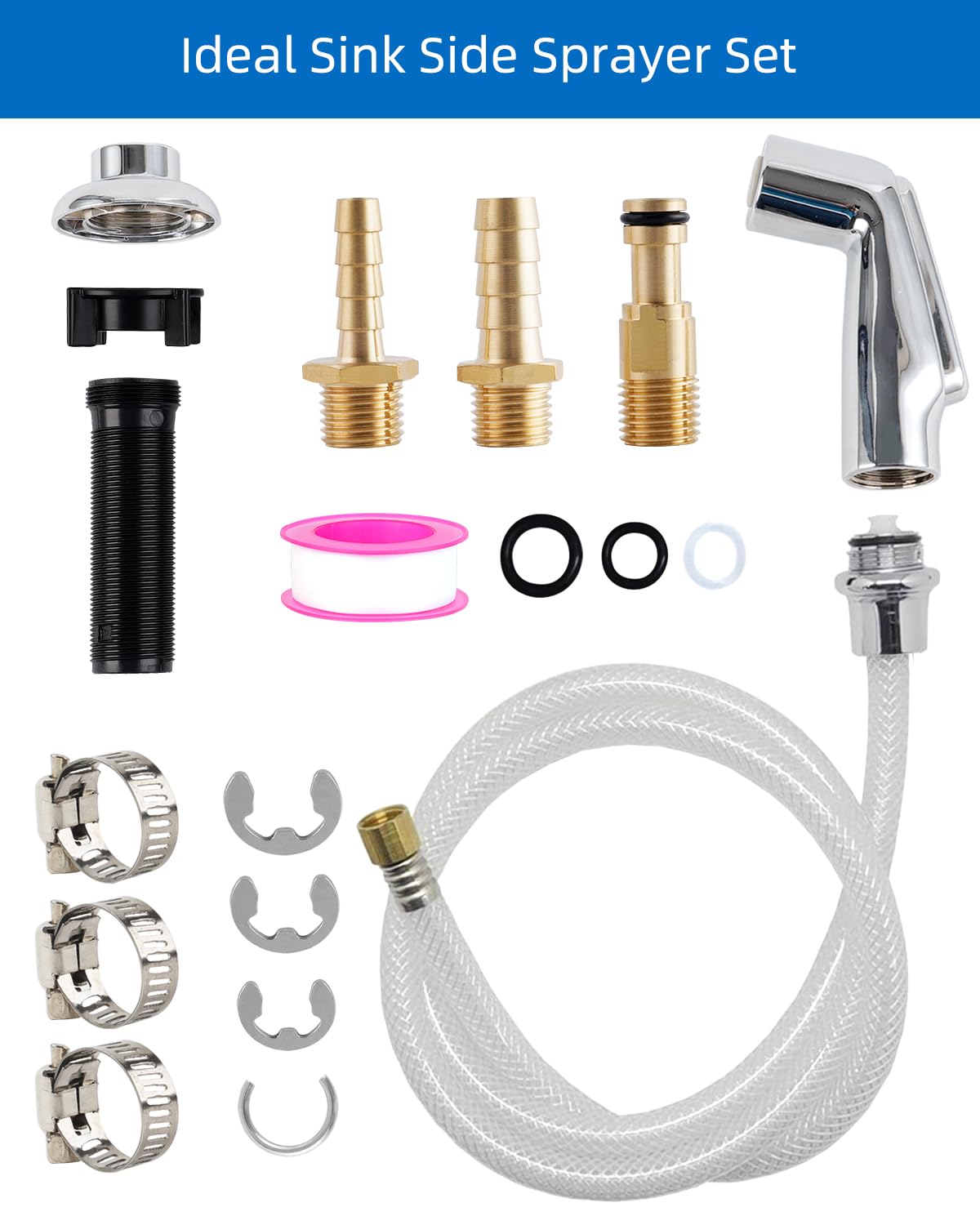 Blissvent side-sprayer hose and holder for organized kitchen setup