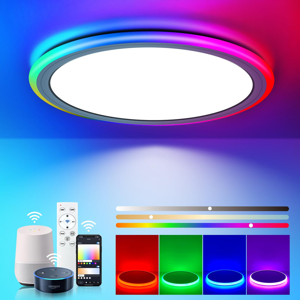BLNAN smart RGB LED flush-mount ceiling light with remote for vibrant room color control