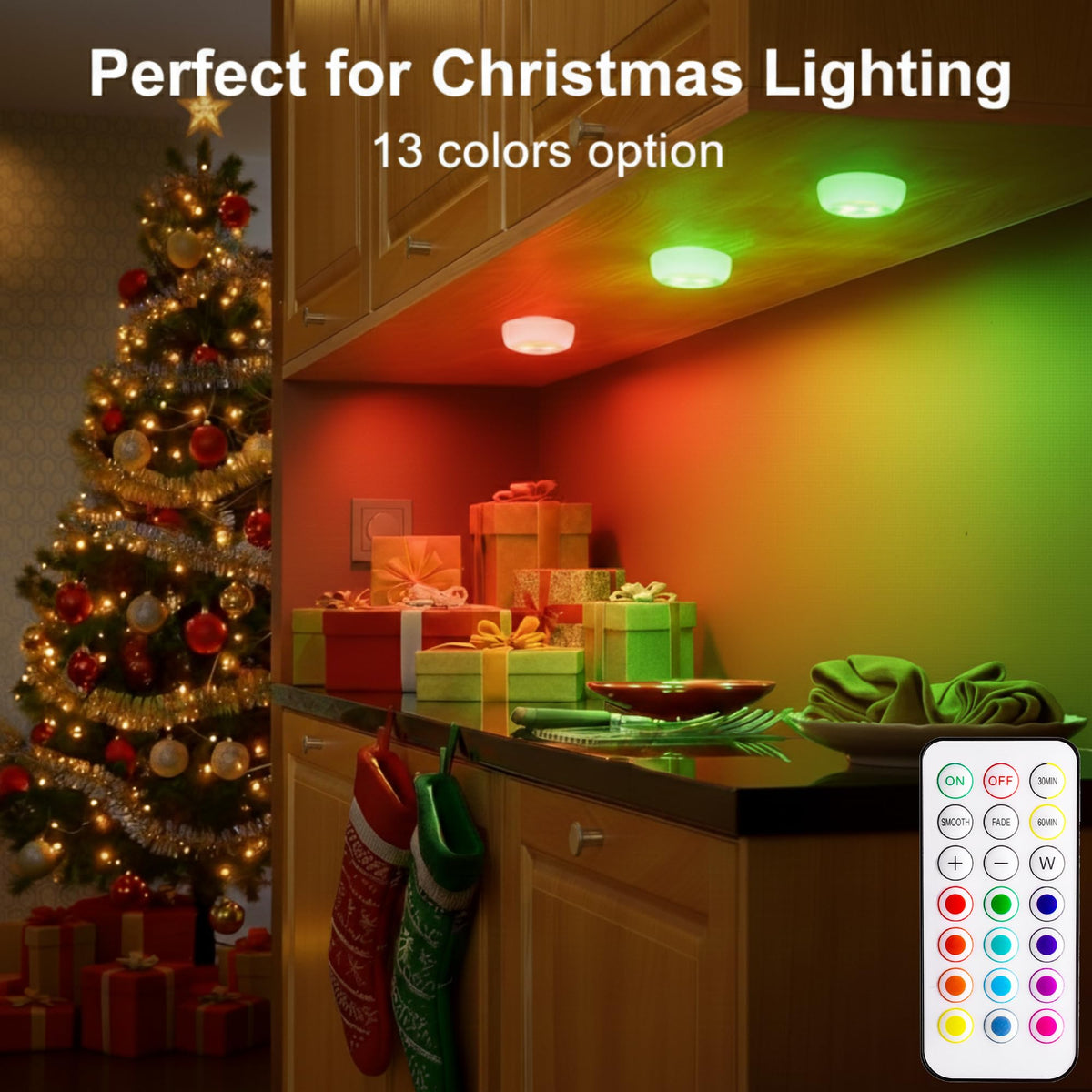 BLS LED puck light showing color-changing modes for versatile mood lighting.