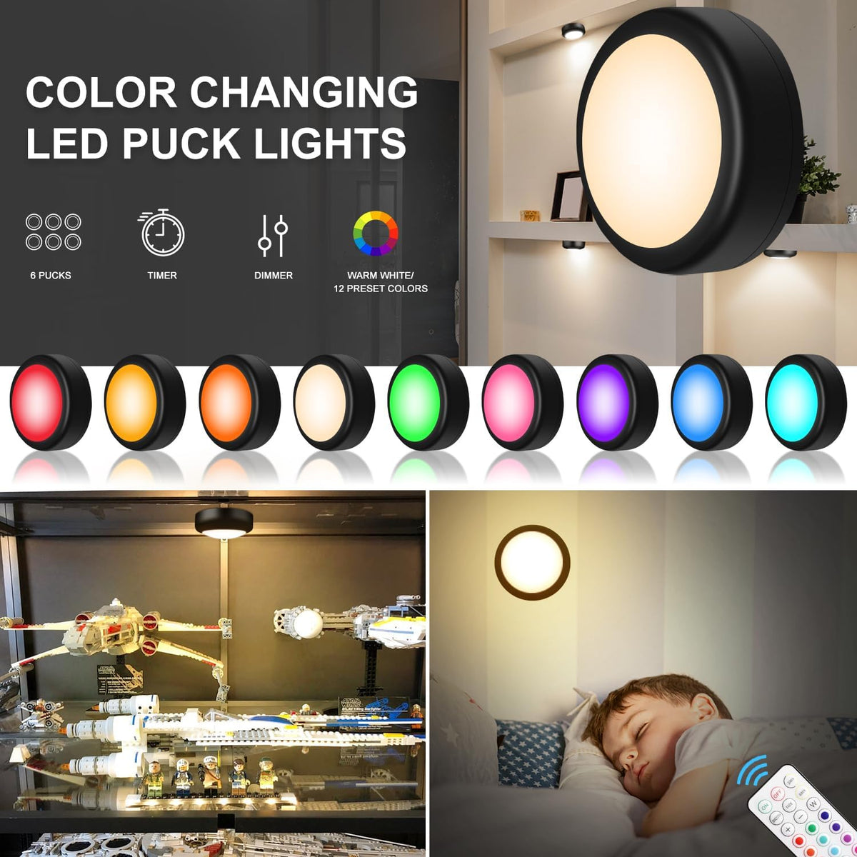 BLS puck lights include adhesive strips for easy, residue-free installation.