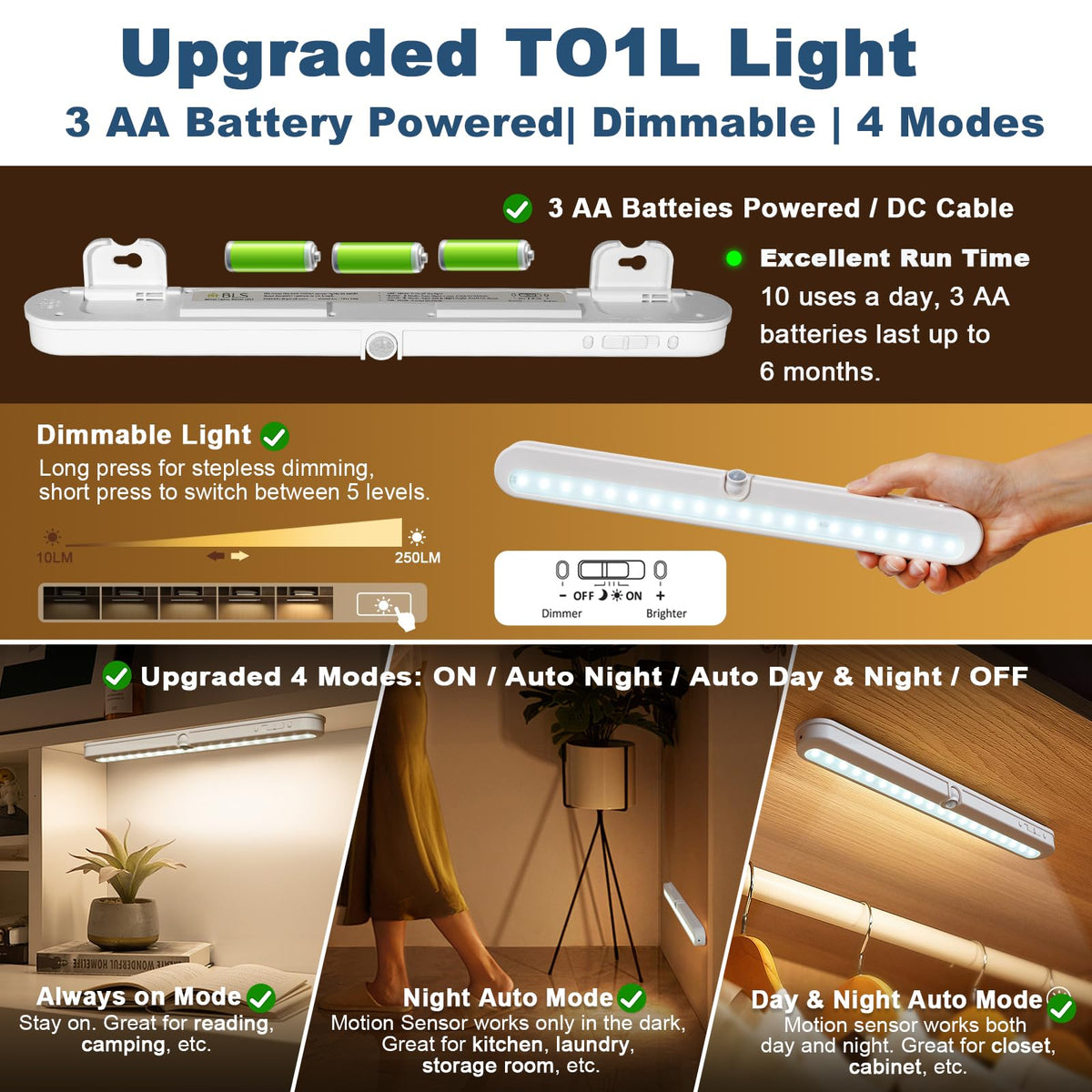 BLS T01L motion sensor activates within 10 feet for hands-free lighting.