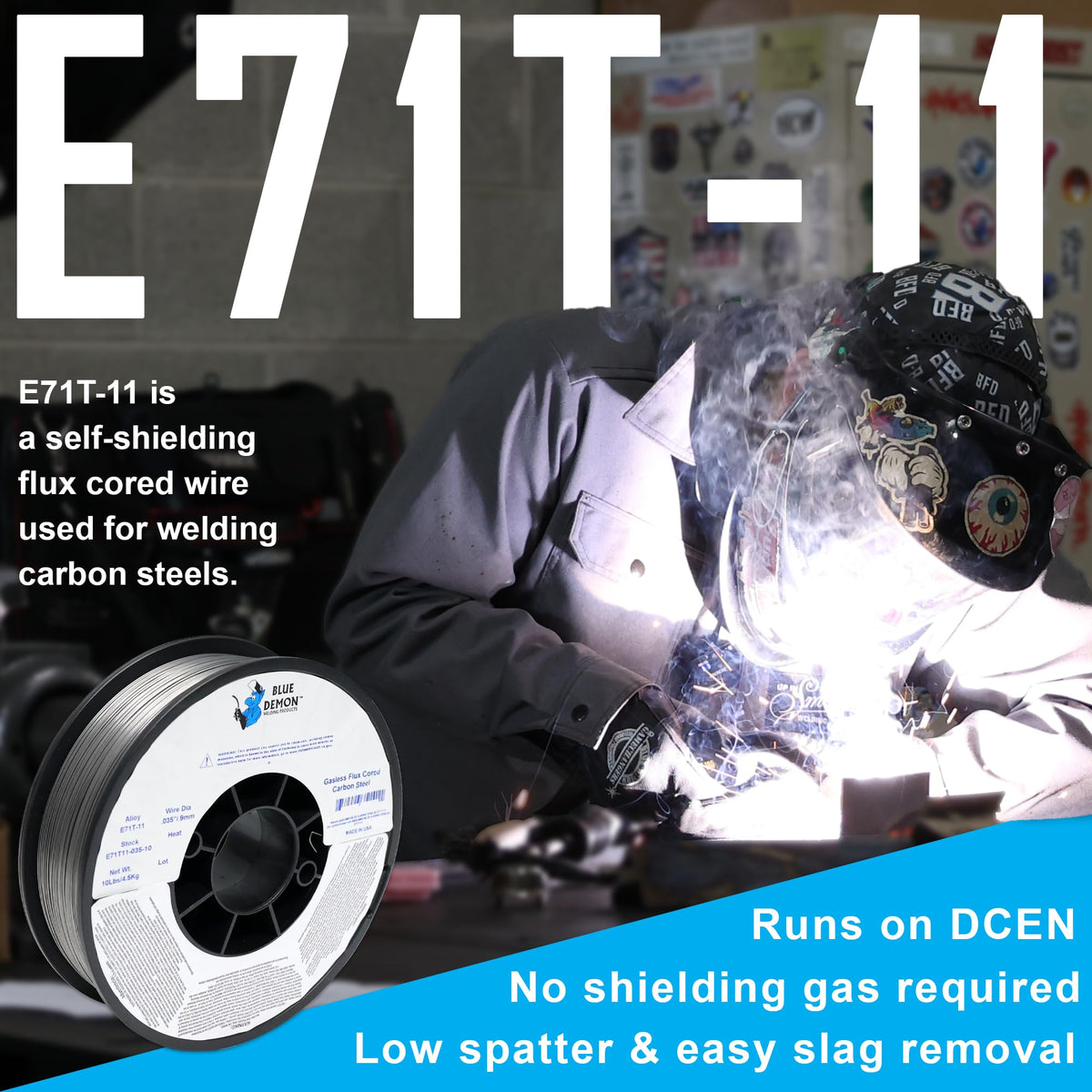 Blue Demon E71T-11 flux-core wire bead showing smooth weld pool and fluidity.