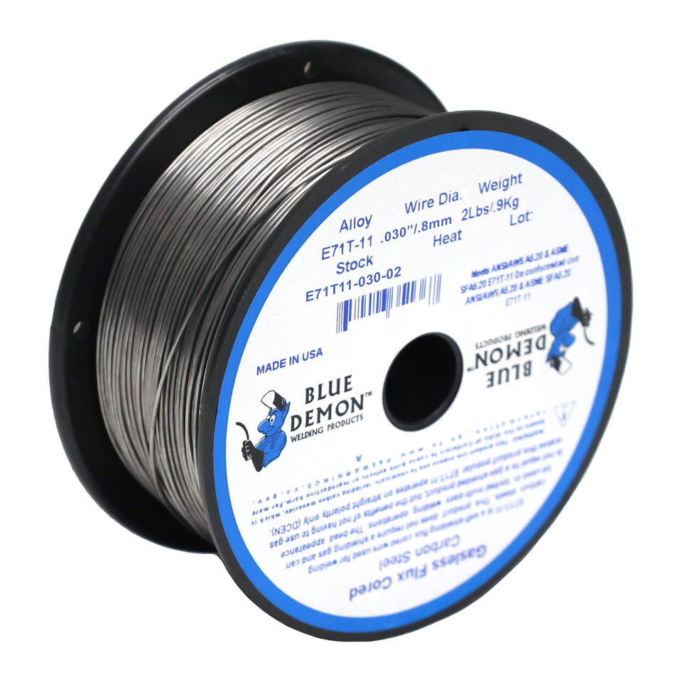 Blue Demon E71T-11 gasless flux-core welding wire spool, ideal for outdoor and mobile welding.