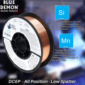 Blue Demon ER70S6 low-spatter formula for minimal cleanup and smoother beads.