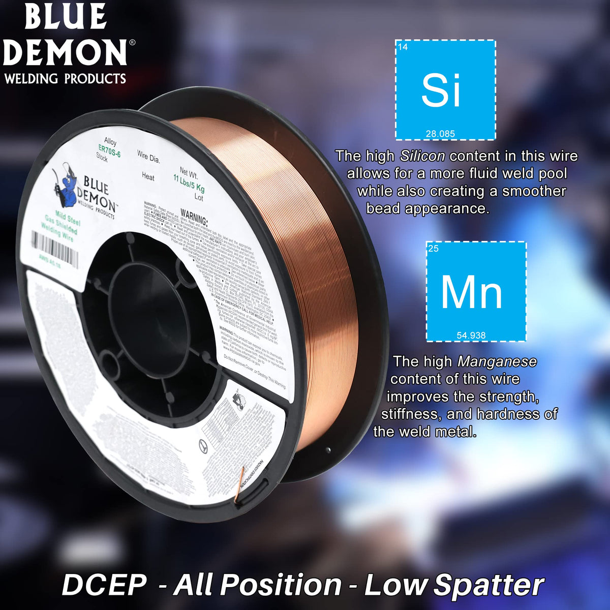 Blue Demon ER70S6 weld puddle in all-position joints for strong steel assemblies.