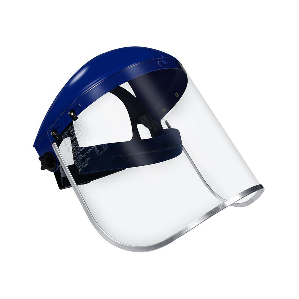Blue Eagle full face safety shield front view with reinforced aluminum edge for strength.