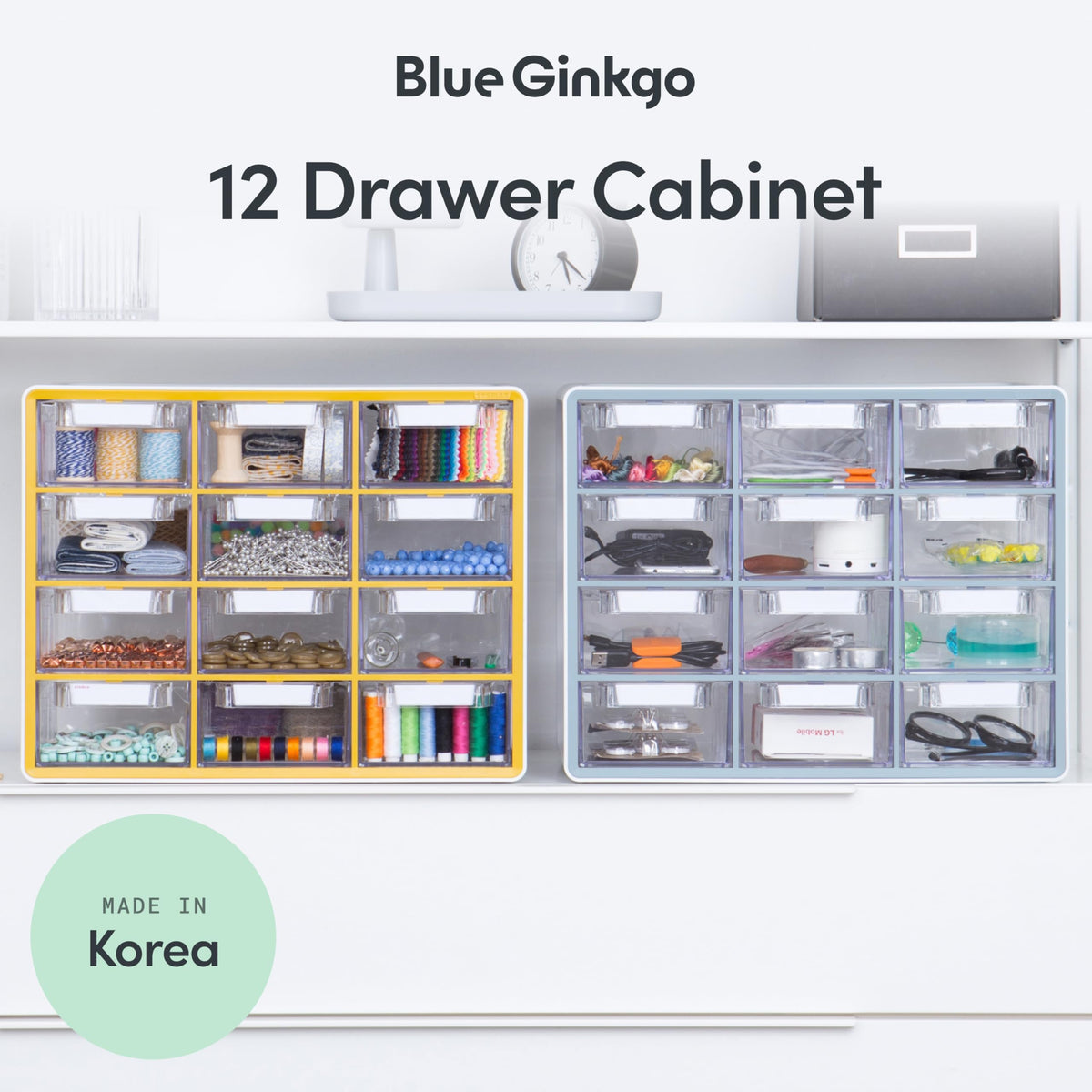 Blue Ginkgo cabinet with labeled fronts for quick craft organization