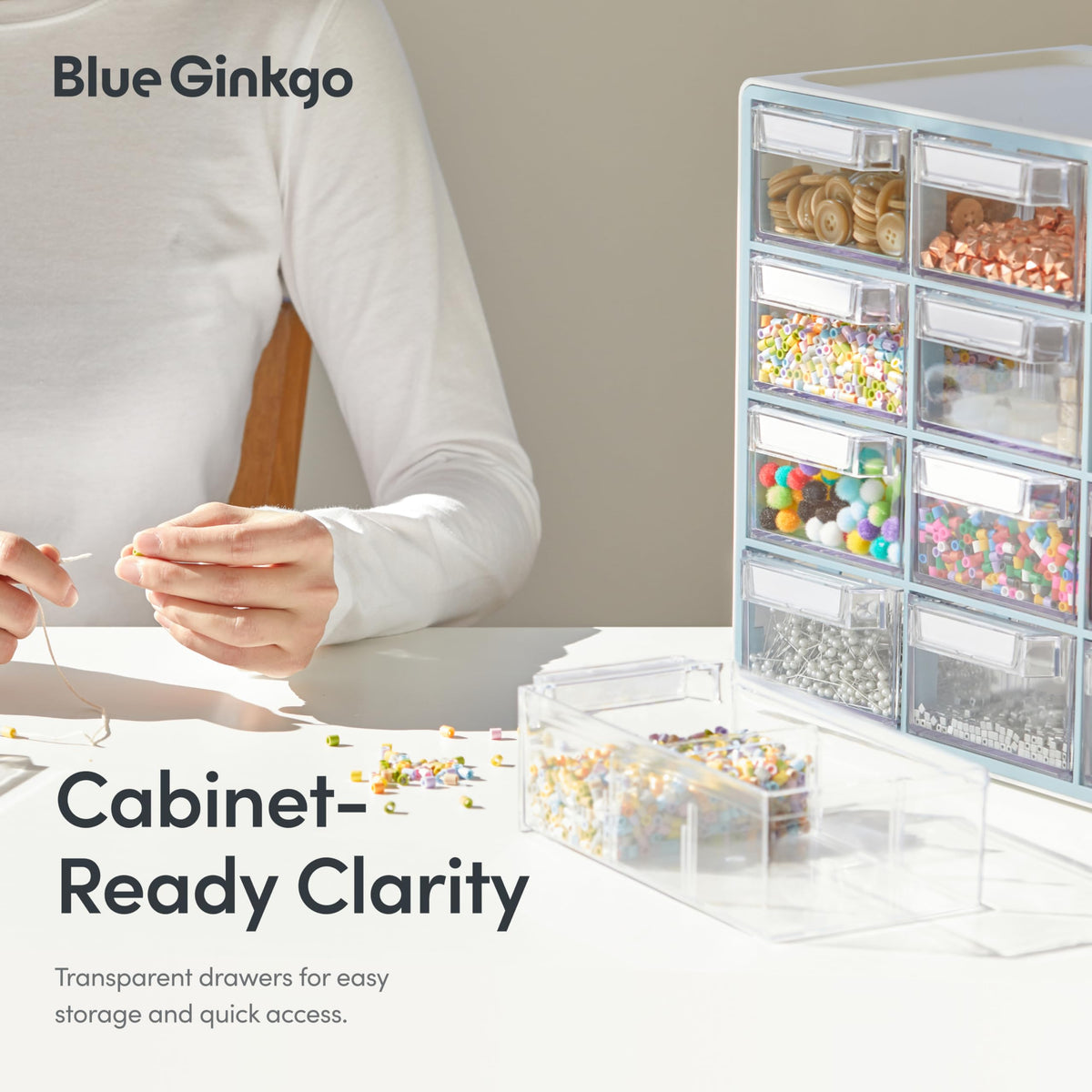 Blue Ginkgo drawer open view highlights transparent drawers and visibility.
