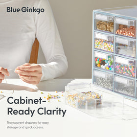 Blue Ginkgo drawer open view highlights transparent drawers and visibility.