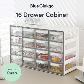 Blue Ginkgo stackable setup demonstrates space-saving organization in a workspace.