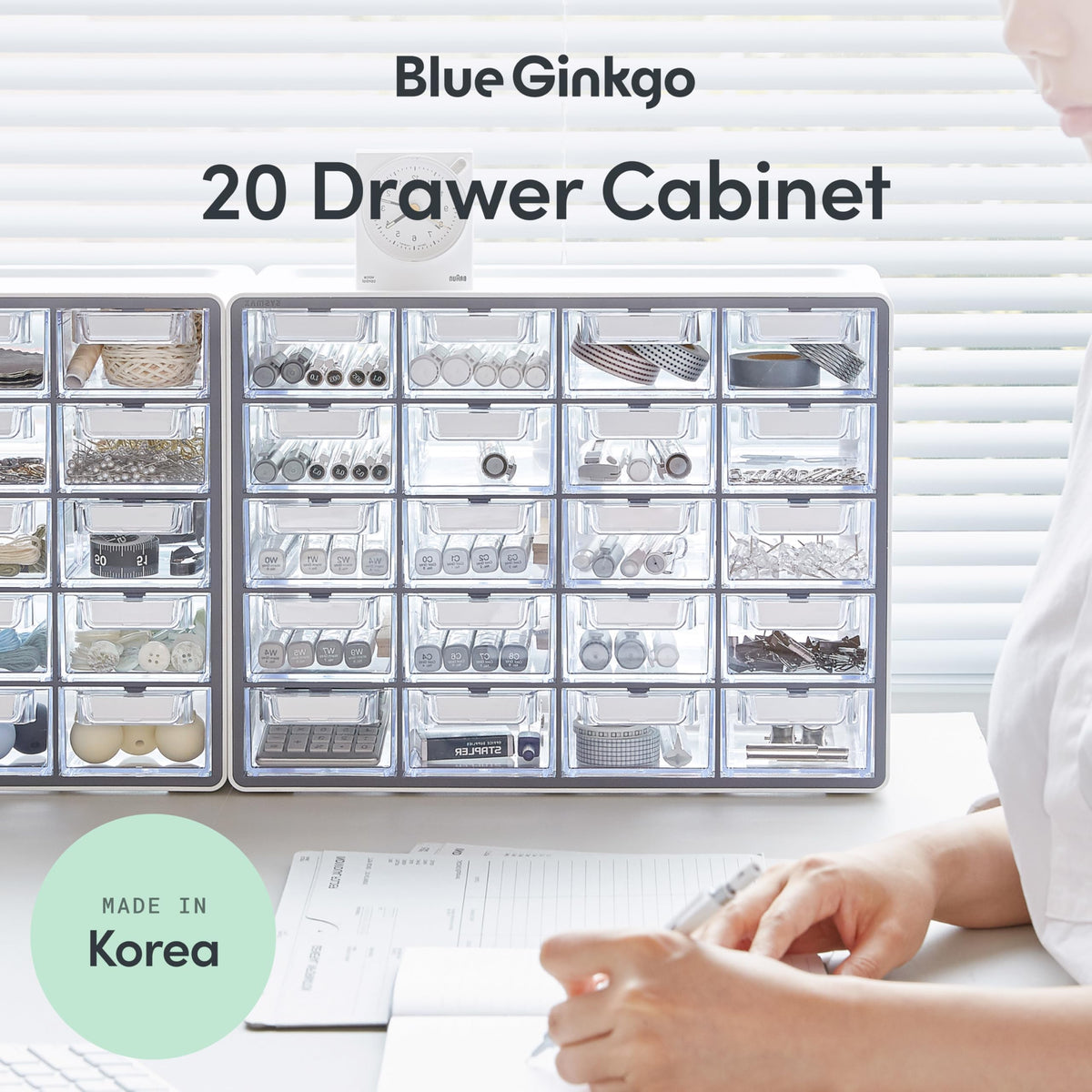 Blue Ginkgo cabinet close-up of drawers for easy labeling and precise organization.